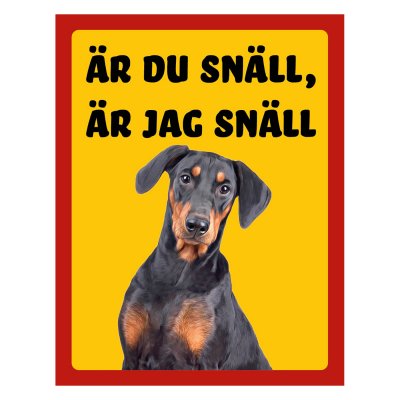 Röd/gul hundskylt, Pinscher,