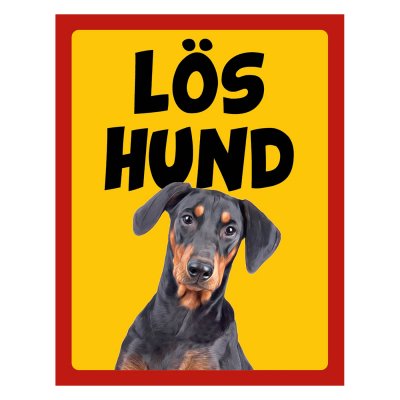 Röd/gul hundskylt, Pinscher,