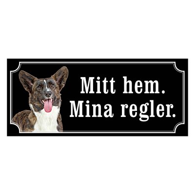 Welsh corgi cardigan i färgen brindle, hundskylt