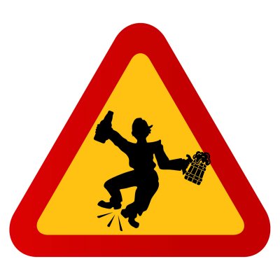 rolig varningstriangel med öl och gubbe som hoppar