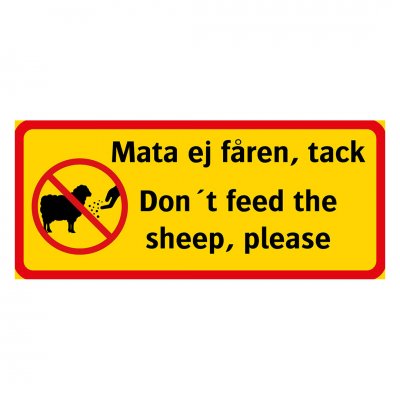 mata ej fåren tack skylt