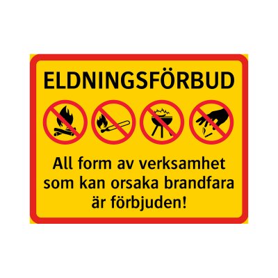 Eldningsförbud - med symboler skylt med symboler grillning förbjuden All form av verksamhet som kan orsaka
brandfara är förbjud