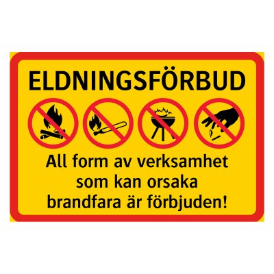 Eldningsförbud - med symboler skylt med symboler grillning förbjuden All form av verksamhet som kan orsaka
brandfara är förbjud