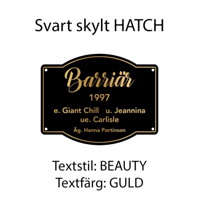 Boxskylt svart form "HATCH" (olika textstilar och färger)