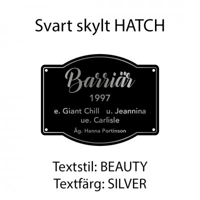 Boxskylt svart form "HATCH" (olika textstilar och färger)