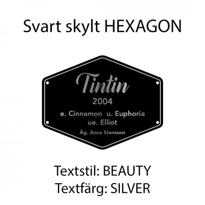 Boxskylt svart form "HEXAGON" (olika textstilar och färger)