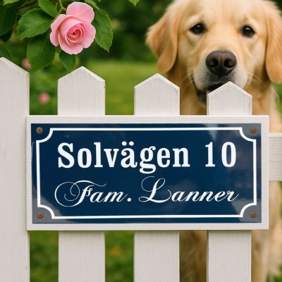 husskylt i emalj blå med egen text