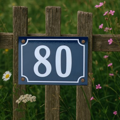 blå emaljskylt med husnummer