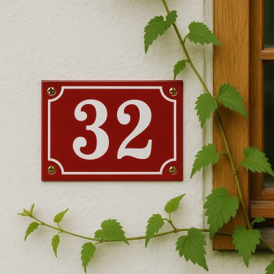 röd emaljskylt med husnummer