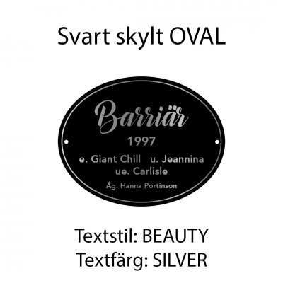 Boxskylt svart form "OVAL" (olika textstilar och färger)