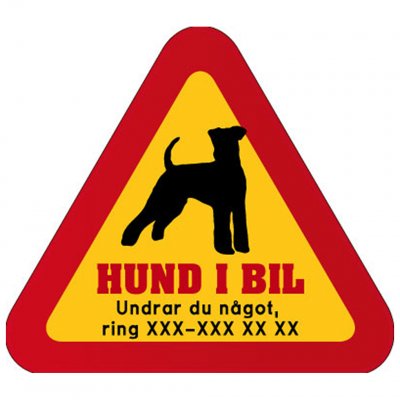 foxterrier Airedaleterrier hunddekal dekal med hund och telefonnummer mobilnummer klistermärke