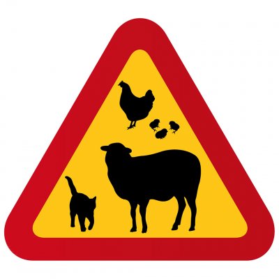 varningsskylt får, höna, katt lantig kycklingar gårdsskylt