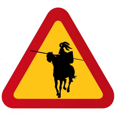 varningsskylt riddare tornerspel lans häst siluett rider