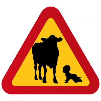 Varning för ko kossa bebis krypande barn akta oss