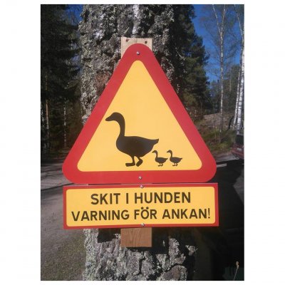 Skit i hunden varning för ankan galen anka rolig tilläggsskylt varningsskylt varnings skylt