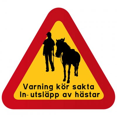 varning kör sakta akta oss Häst ponny hästgård stuteri ridskola skylt grimma flicka
