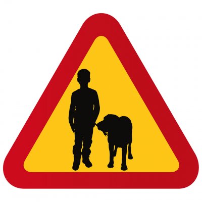 Pojke med sin hund varningsskylt varningstriangel söt skylt labrador golden retriever cane corso