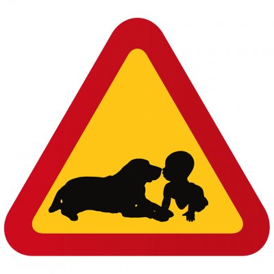 Litet barn kryper med stor snäll hund varningstriangel varningsskylt akta våra barn och hund golden retriever labrador