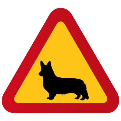 varningsskylt med hund welsh corgi