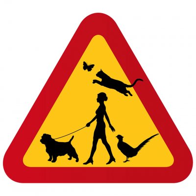 kvinna hund promenad koppel kopplad fasan katt fjäril varningsskylt