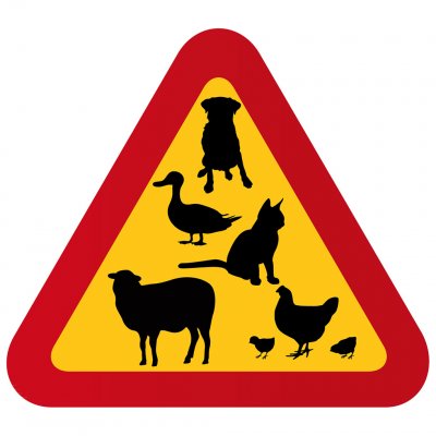 P842381Hund, katt, anka, får & höna varningstriangel med djur
