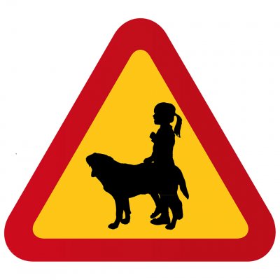 Flicka med sin hund varningsskylt varningstriangel söt skylt labrador golden retriever