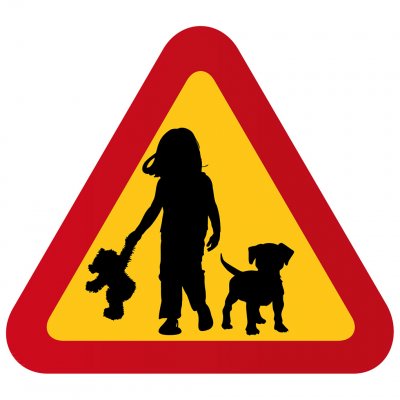 varning för barn hund valp liten flicka nalle siluett varningsskylt