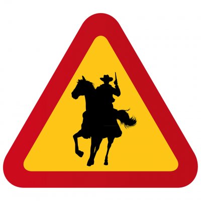 varningsskylt cowboy häst siluett man rider