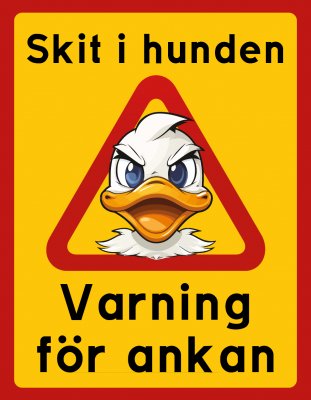 Skit i hunden. Varning för ankan akta våra ankor skylt frigående ankor kör sakta Varning för ankan