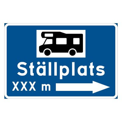 Ställplats blå skylt med pil