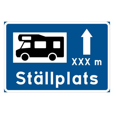 Ställplats blå skylt med pil