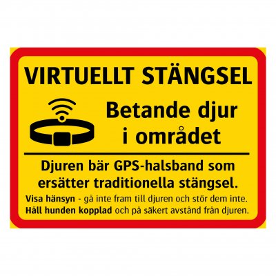 Skylt för virtuellt stängsel med GPS-halsband och betande djur i området
