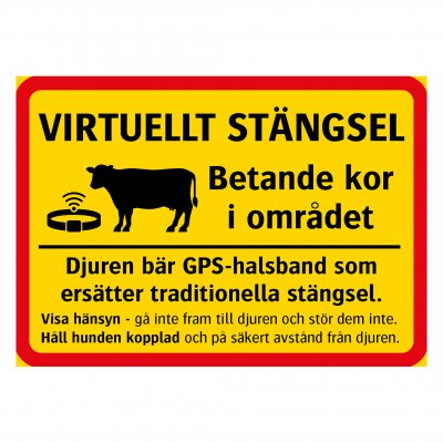 Skylt för virtuellt stängsel med GPS-halsband och betande kor i området