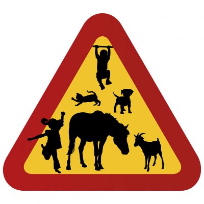 Barn, hund, häst, get, katt varningstriangel varningsskylt skylt kör sakta akta våra barn och djur